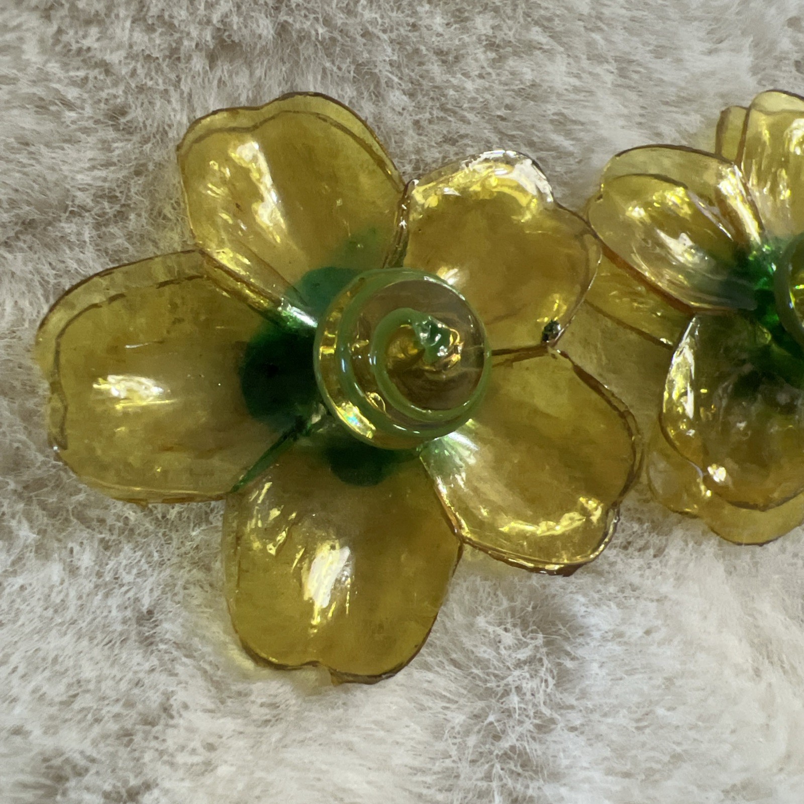 Vintage Cellulose Acetate Yellow Double Layer Petal Floral Clip On Earrings