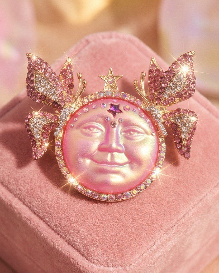 Pink Moon Glow Rhinestone Celestial Brooch