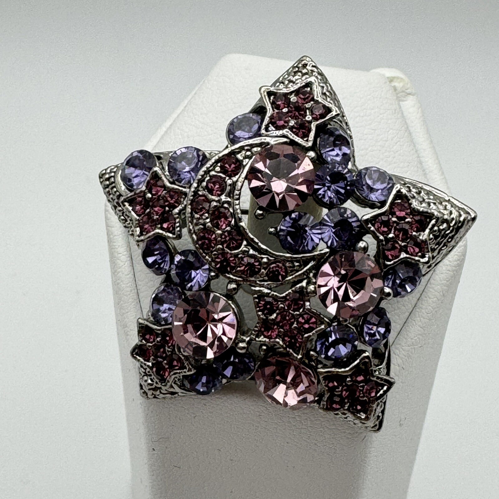 Stars Crescent Moon Purple Rhinestone Silvertone Brooch Pin
