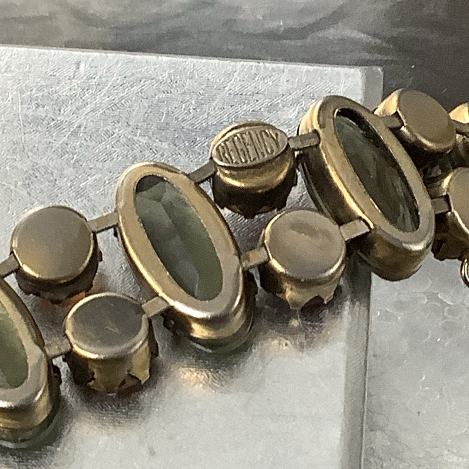 Vintage Signed Regency Golden Brown and Sage Green Crystal Bracelet 7″