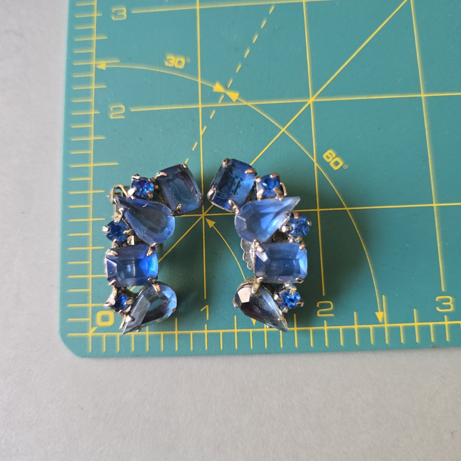 Vintage Silver Tone Blue Glass Rhinestones Open Back Earrings Clip on