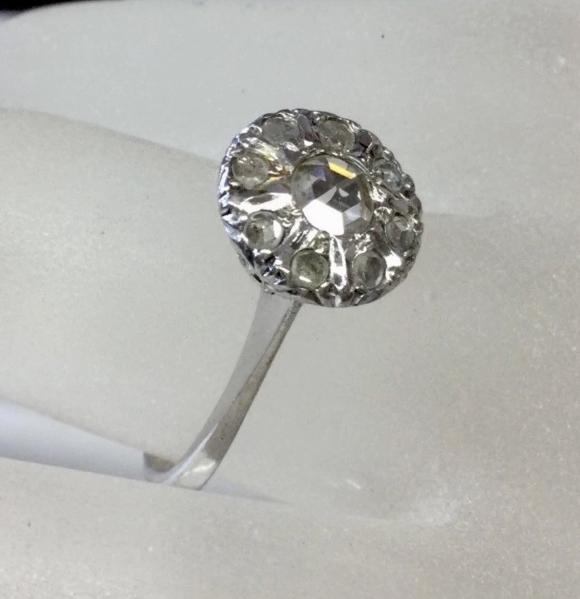 ANTIQUE ART DECO NATURAL ROSE CUT DIAMOND CLUSTER ENGAGEMENT RING 11K WG