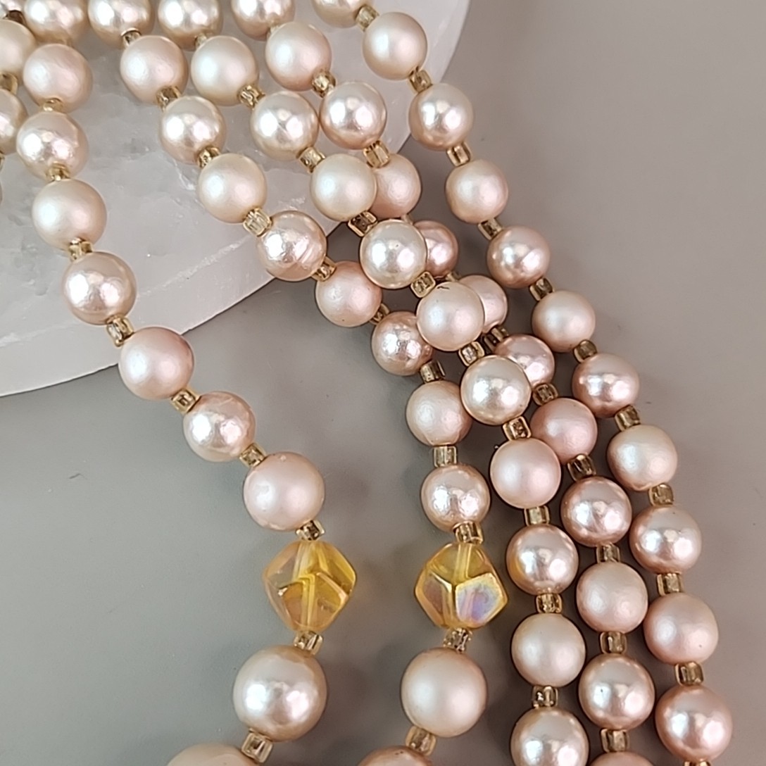 Vintage Faux Pearl Beaded Necklace Cream Pink Acrylic AB Yellow Glass Japan 16″