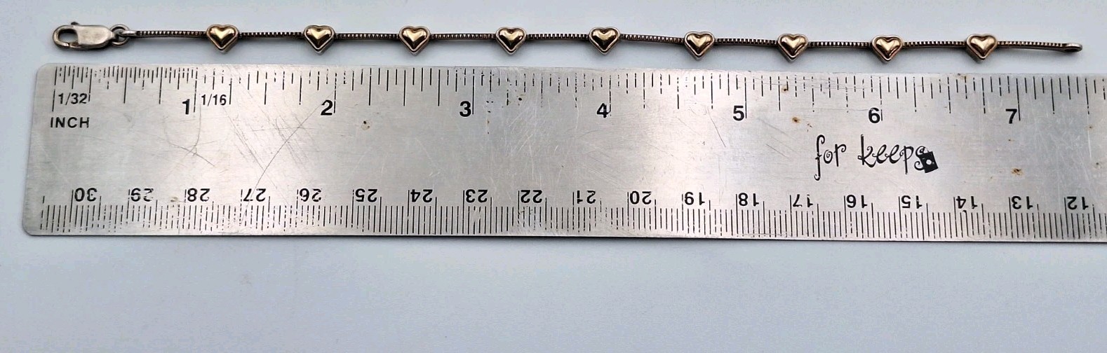VTG STERLING SILVER & 14K WJ Signed TwoTone Puffy Heart Bar Link Dainty Bracelet