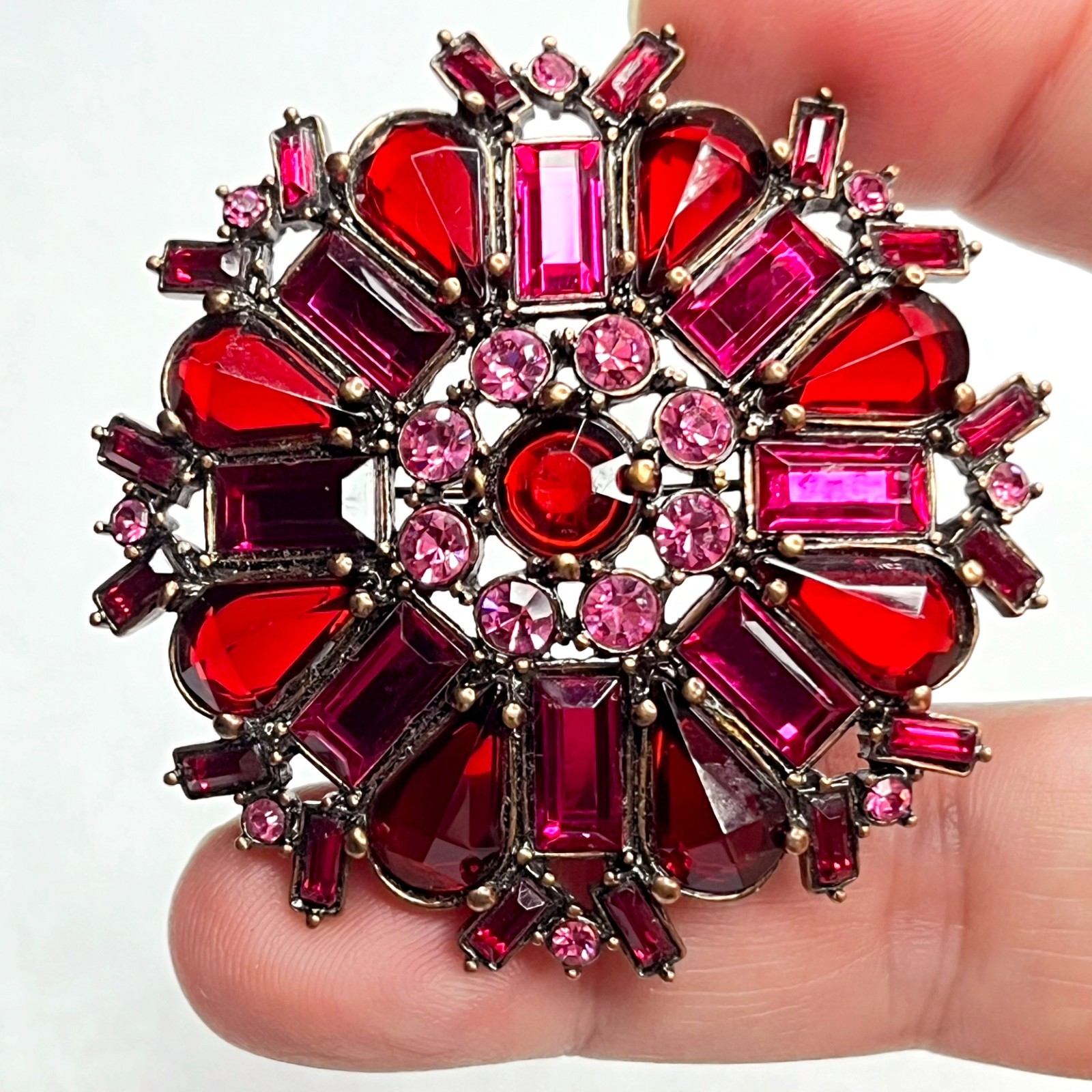 VTG Large Flower Snowflake Brooch Pin Red Fuchsia Pink Purple Glass Rhinestones