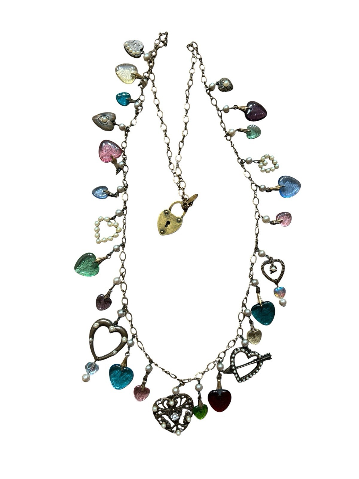Vintage Signed Glassworks Studio Multi Charm Love Luck Fun Heart 27″ Necklace