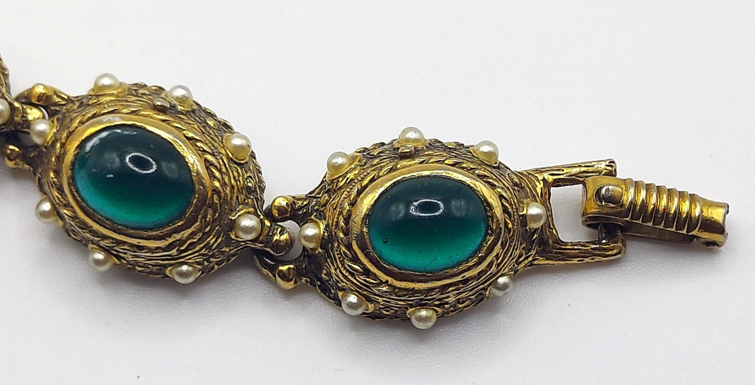 Benedikt NY Etruscan Revival Green Cabochon & Seed Pearl Bracelet & Necklace