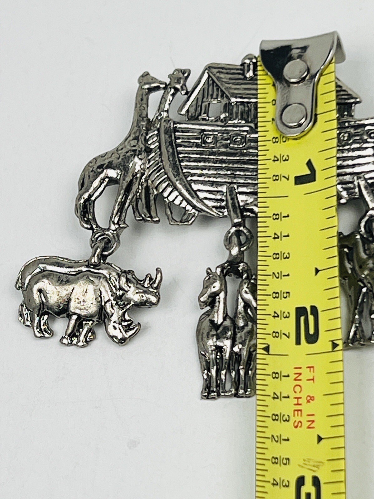 Vintage Silver Tone Large Noah’s Ark Charm Dangle Pin Brooch Animals