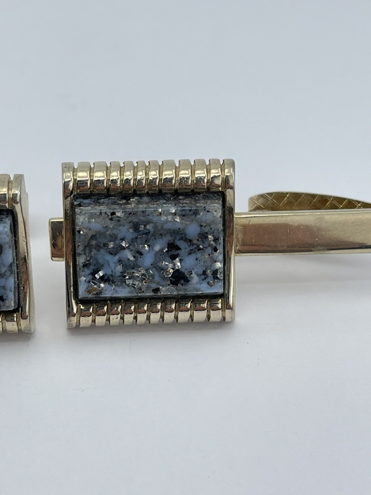 Cufflinks and Tie Clip Set concave glass rectangle gold tone