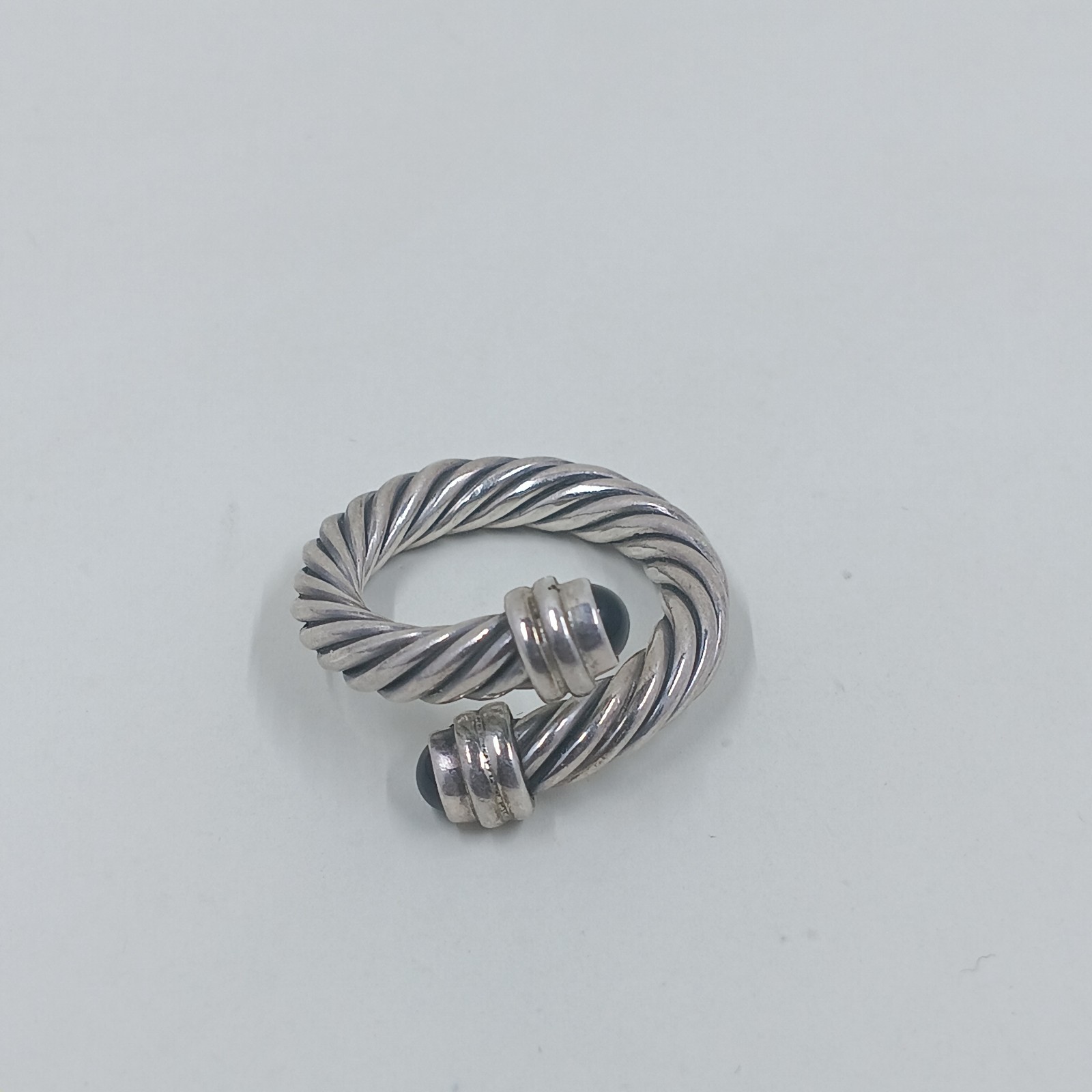 Vtg Sterling Silver Twisted Cable Wrap Ring Black Onyx Style Open Bypass…