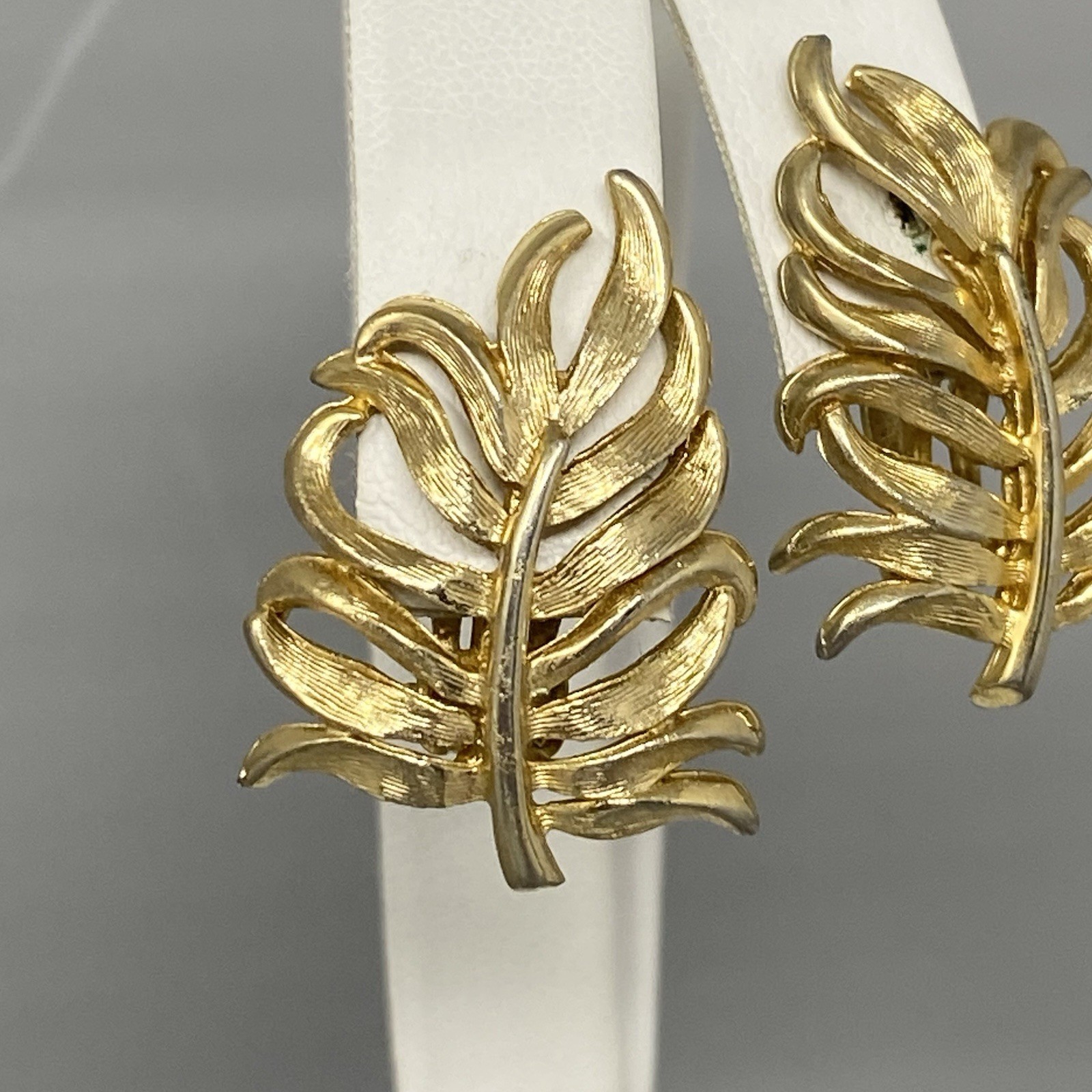 Brushed Gold Tone Leaf Earrings Textured Clip On Plant Nature Stud Dangle 1″