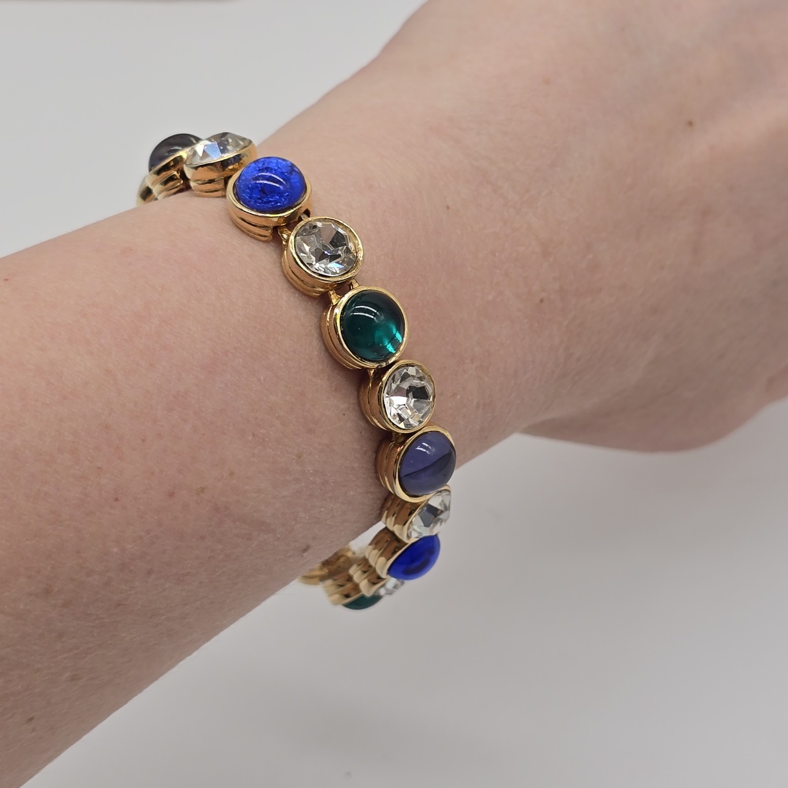 Vintage Les Bernard Bracelet Clear Rhinestones And Blue Green Purple Cabochons
