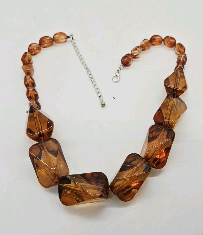Brown Rootbeer Necklace Lucite Acrylic Chain Link Asymmetrical Silver tone 21 in
