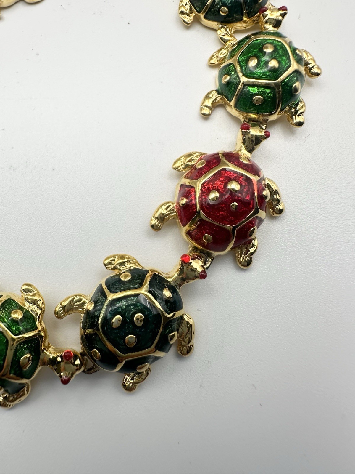 Vintage Gold Tone and Enamel Multi Color Turtle Bracelet 7.5”