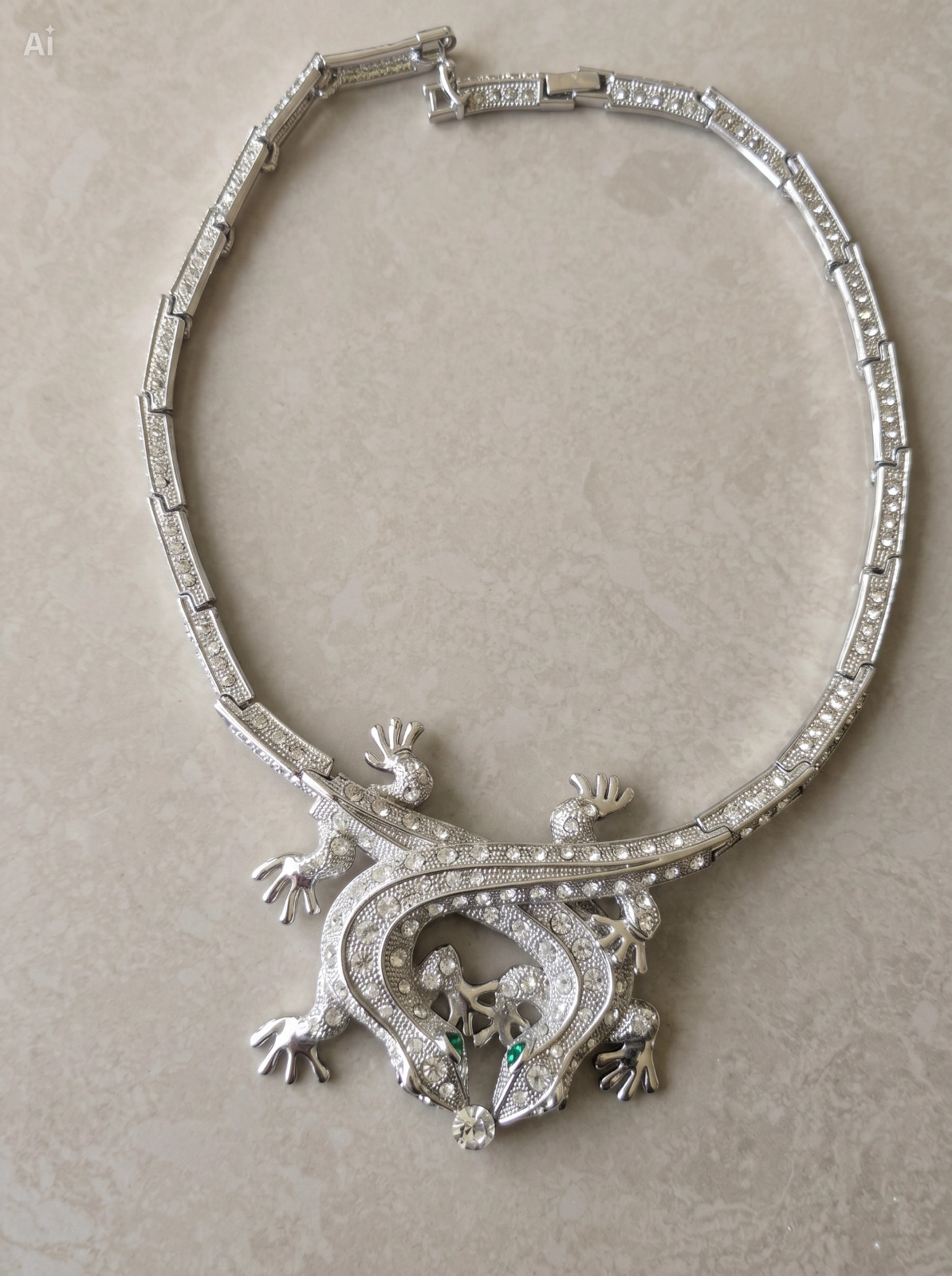 Vtg Snake Necklece 116g Double Lizard Crystal Collar Statement Choker