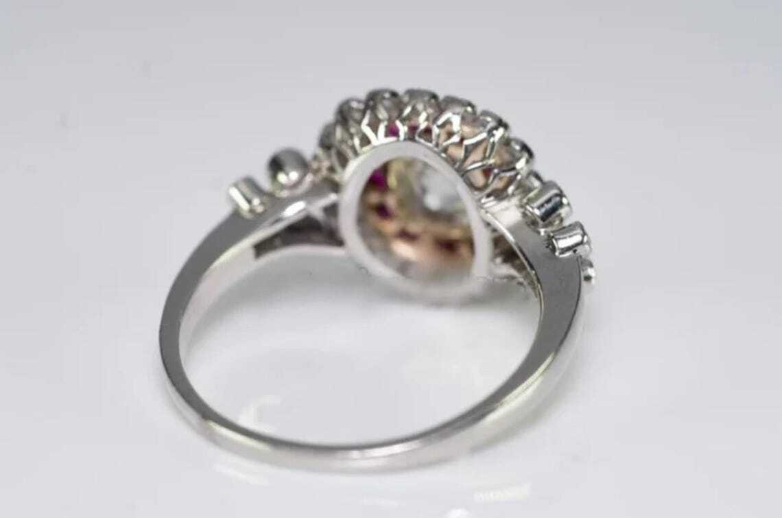 Red Ruby Baguette Cut Moissanite Halo Set Floral Inspire Edwardian Wedding Ring