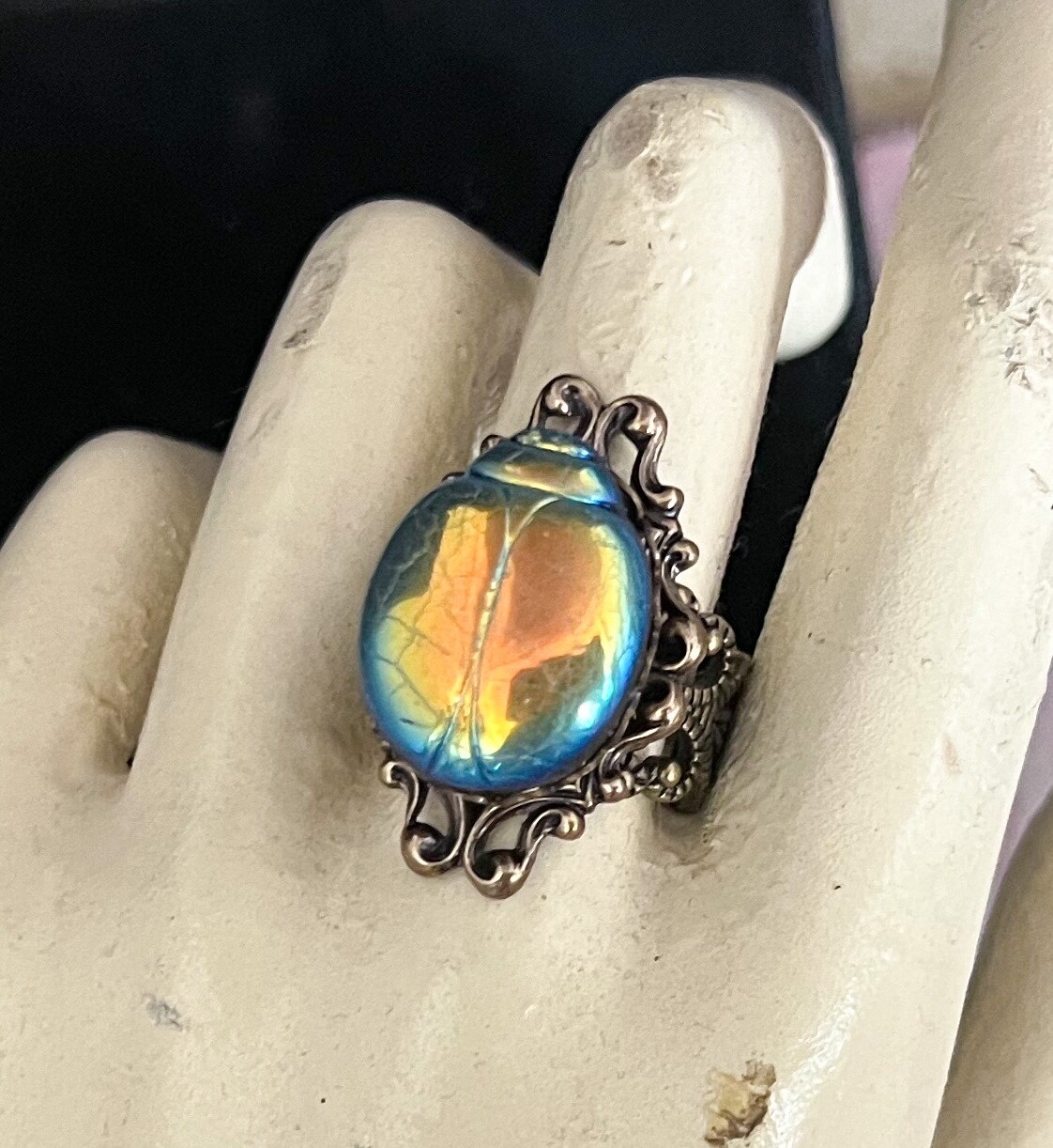 Scarab Ring Tall Egyptian Beetle Antique Czech Glass Egyptian Revival Jewelry