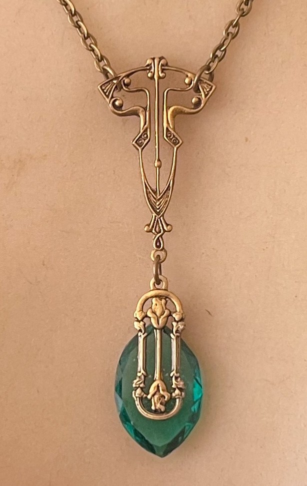 Vintage Necklace Art Nouveau Lavalier Brass Pendant Green Antique Czech Glass
