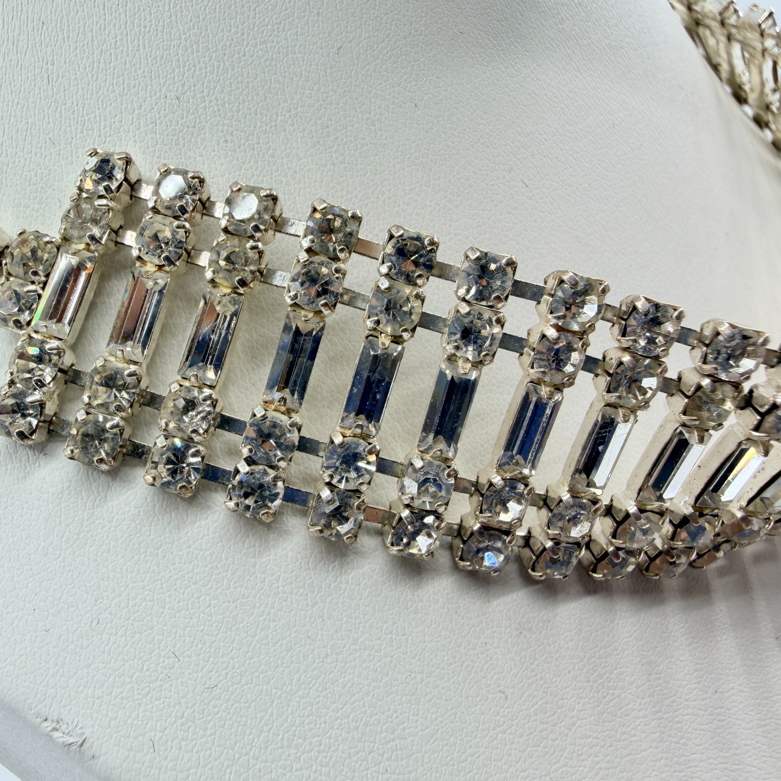 Vintage Mid Century Clear Rhinestone Baguette Choker Necklace Silver Tone Wide