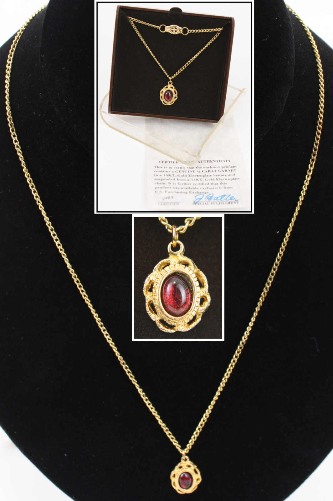 1984 Ronte Beverly Hills 1/2ct Garnet 14k Gold Electroplate Necklace Pendant COA