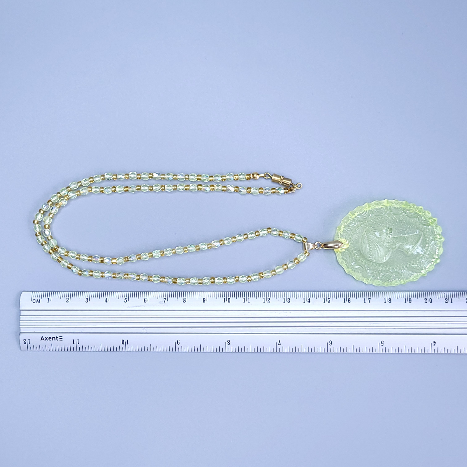 Uranium Glass Necklace 23” Cameo Pendant Vaseline Yellow Czech Beads