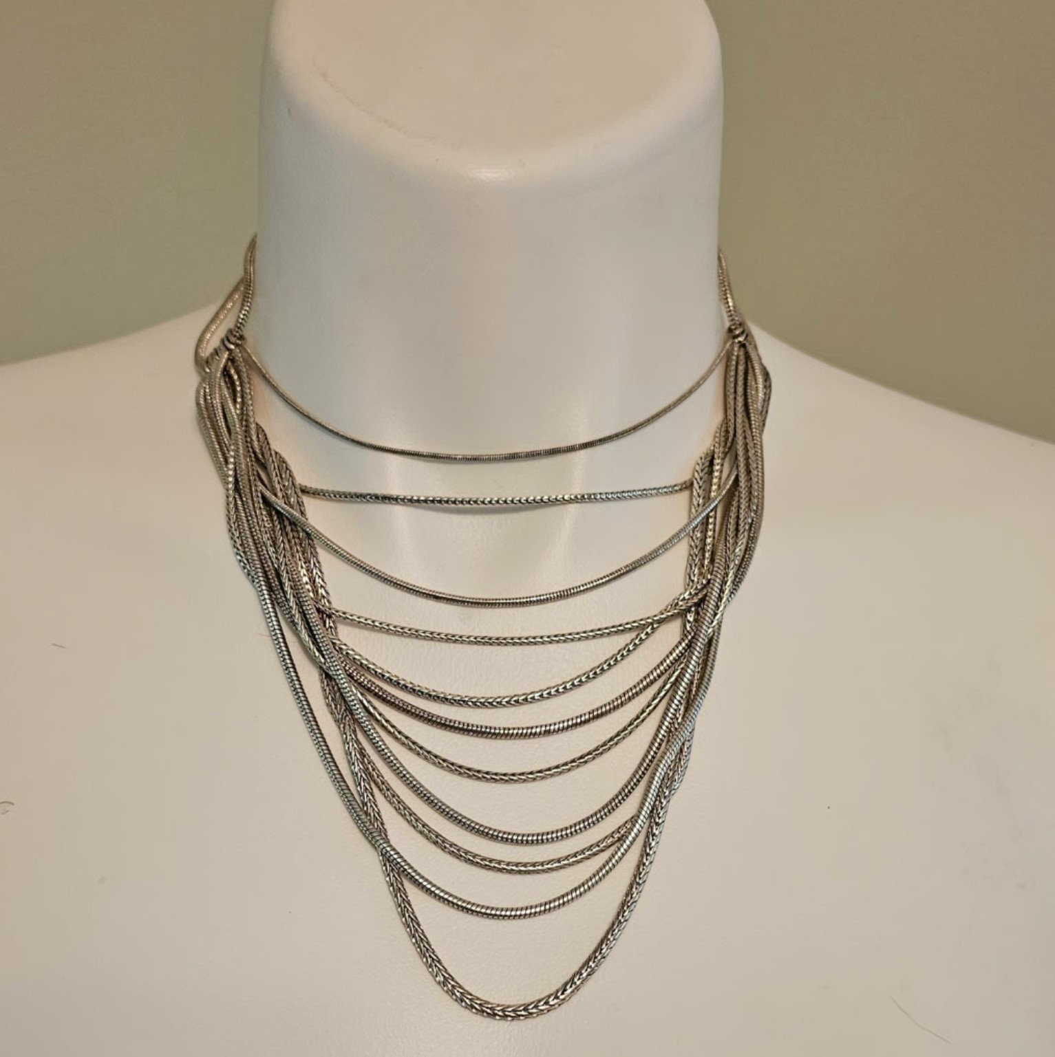Vintage Multi Strand Silver Tone Snake Layered Statement Waterfall Necklace