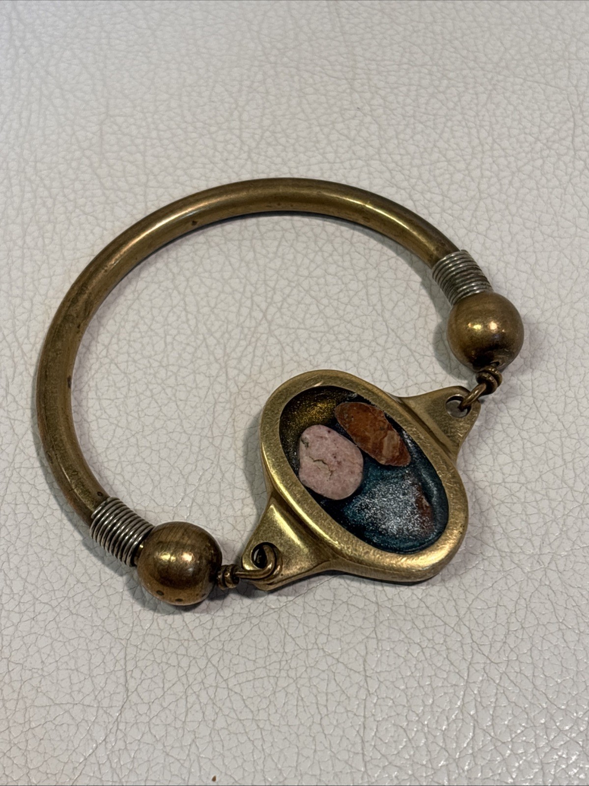 Vintage Artisan Brass Enamel Stone Cuff Bracelet Southwestern Boho Handmade