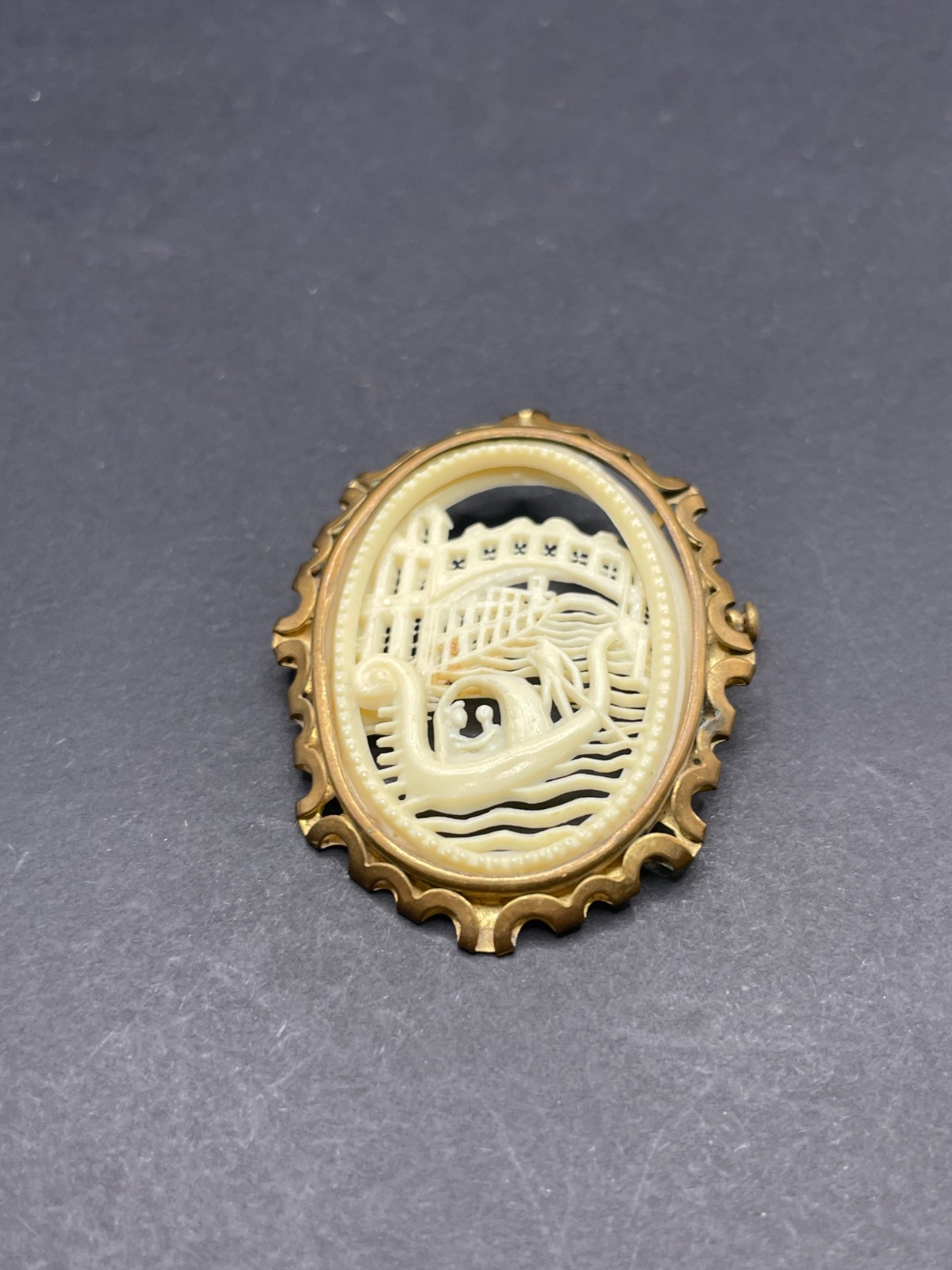 Vintage Art Deco Carved Celluloid Venice Scene Brooch Cameo