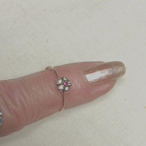 Antique Georgean 10K Gold Minimalist Flower Ring Mine Cut Diamonds Garnet