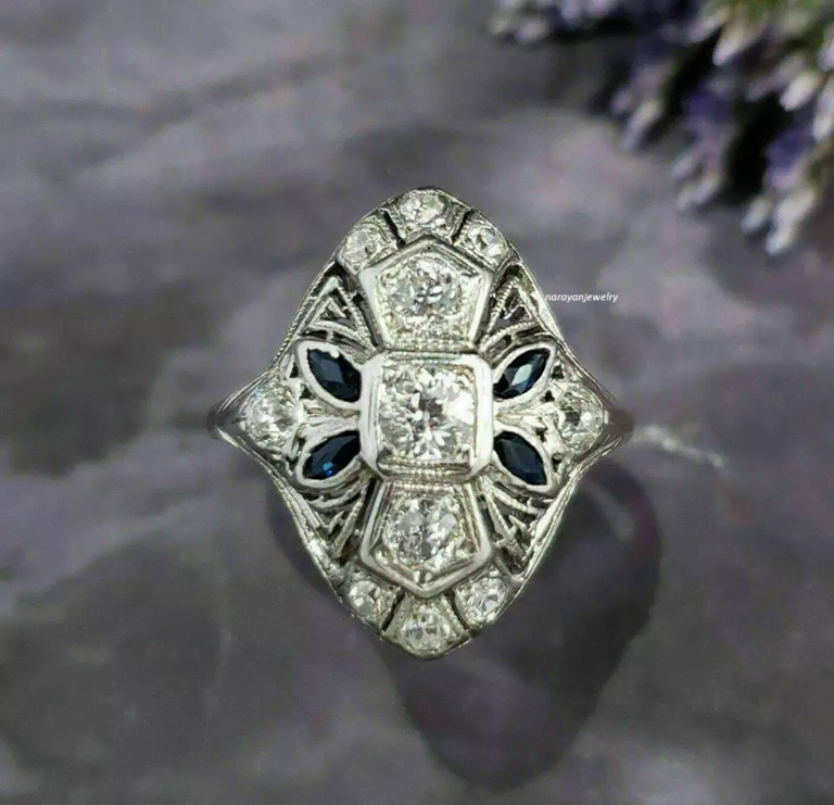 Edwardian Vintage 3Ct Diamonds Navette Antique Women Ring 14K White Gold Plated