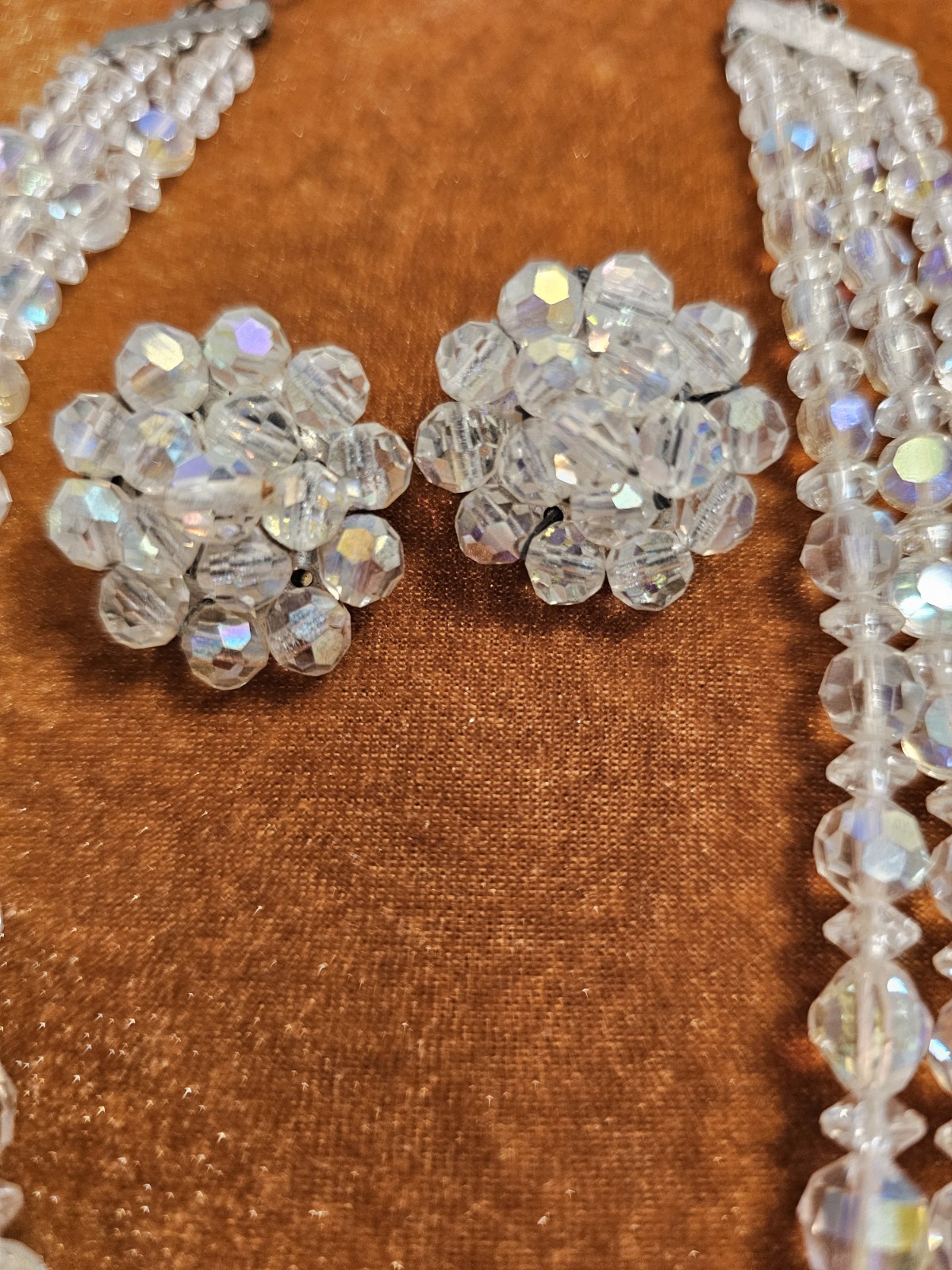 Vintage 8″ 3-Strand, Iridescent Beaded Choker And Matching Clip Earrings