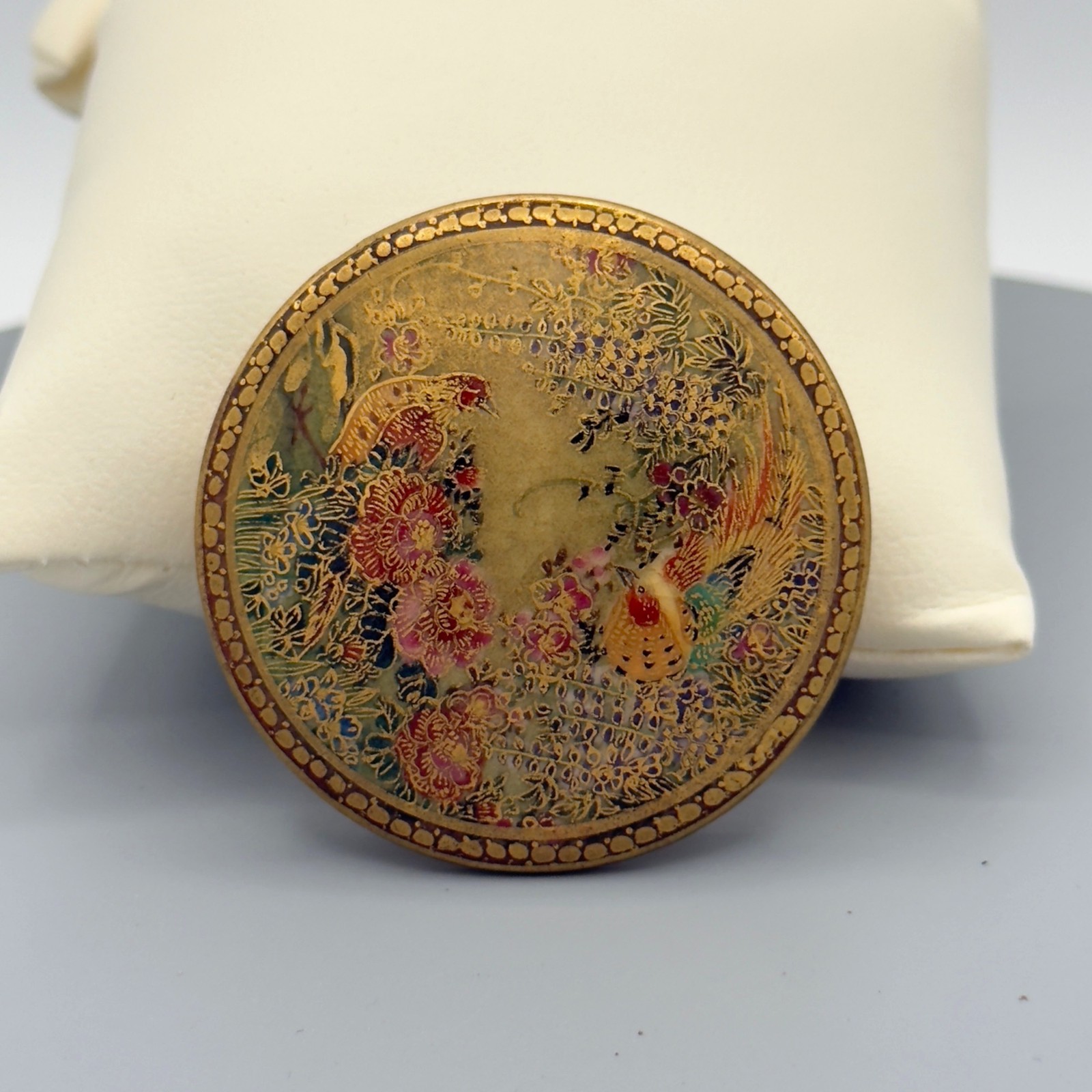 Antique Japanese Satsuma Ceramic Porcelain Hand Painted Brooch Pin Birds Flowers