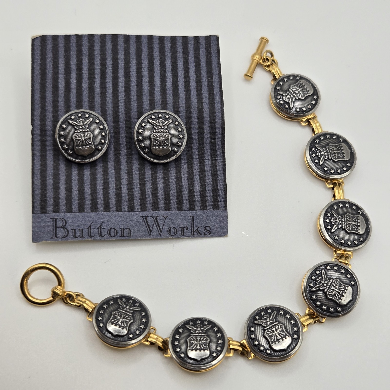 Vintage USA Military Mess Dress Buttons Link Bracelet and Stud Earrings SET