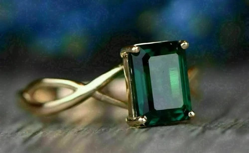 Art Deco Style Emerald Lab Created Diamond 14K Yellow Gold FN Anniversary Ring