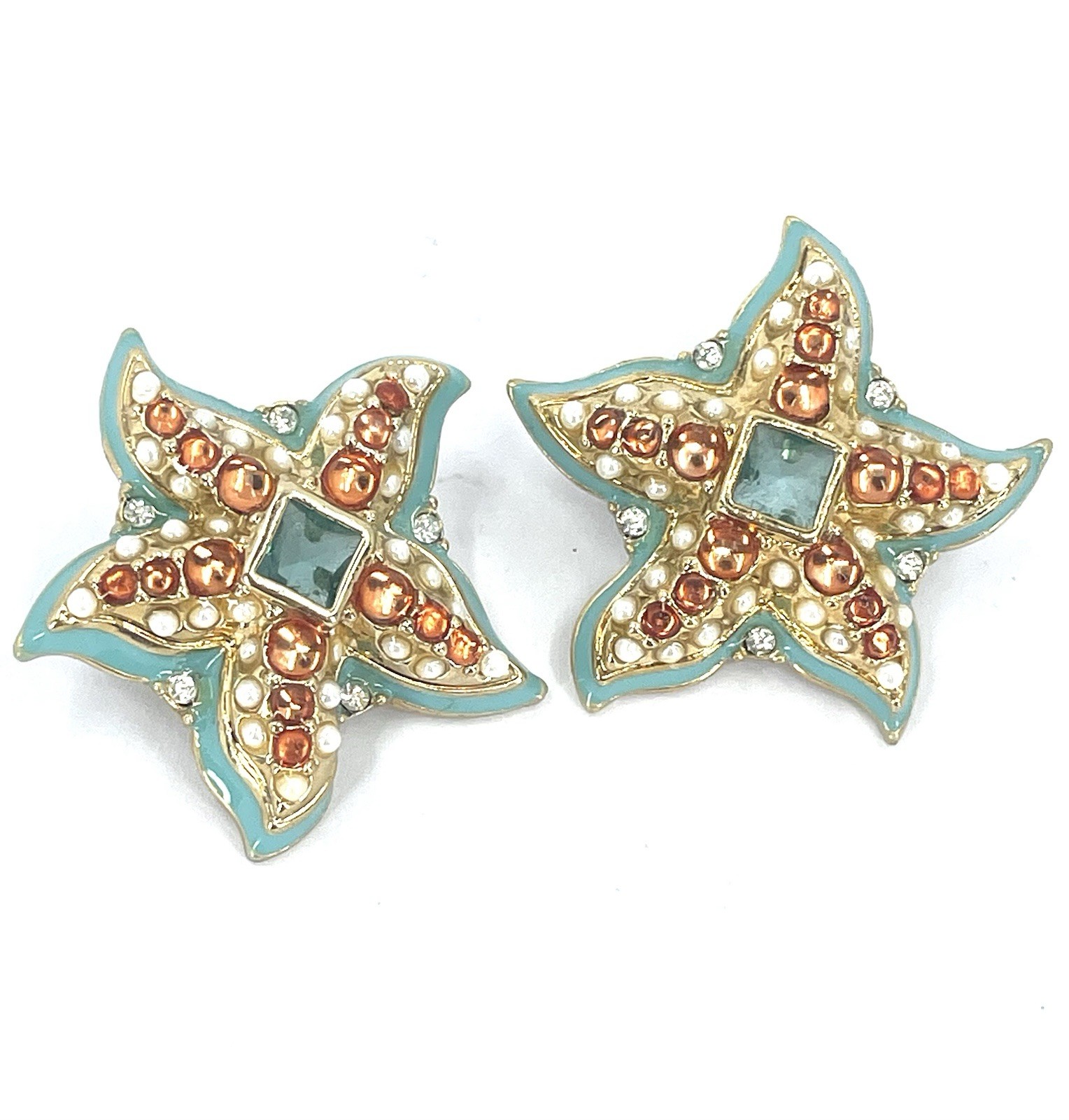 Kenneth Jay Lane KJL turquoise enamel STARFISH gold tone Pierced Earrings