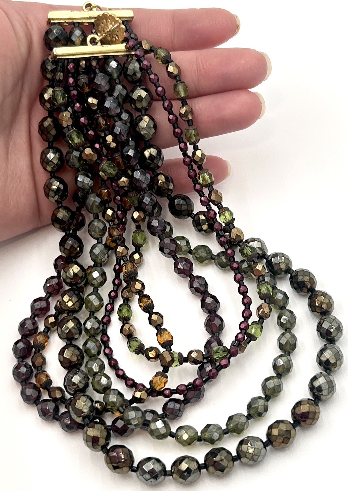 VTG Multi Strand GOLD FUMED Brown CRYSTAL NECKLACE Rhinestone Hook Clasp 1969