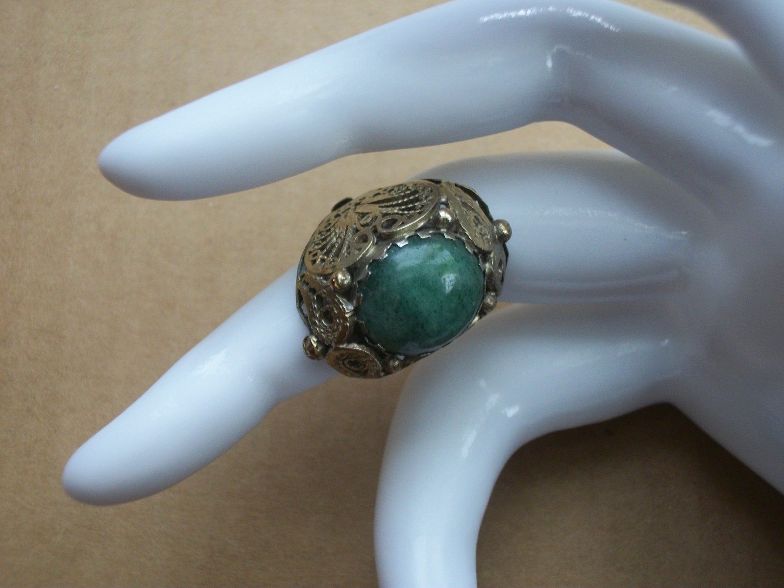 Vintage Gold-tone Green Cabochon Filigree Dome Ring Statement Piece