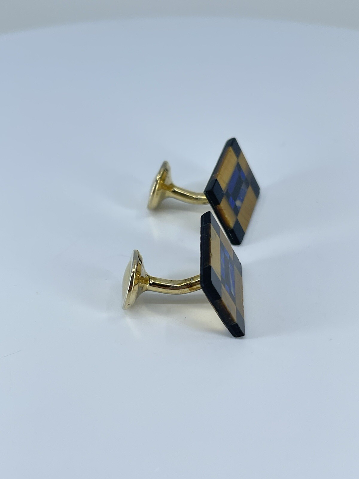 Vintage Onyx Lapis Tigers eye rectangle cufflinks polished gold tone fixed backs