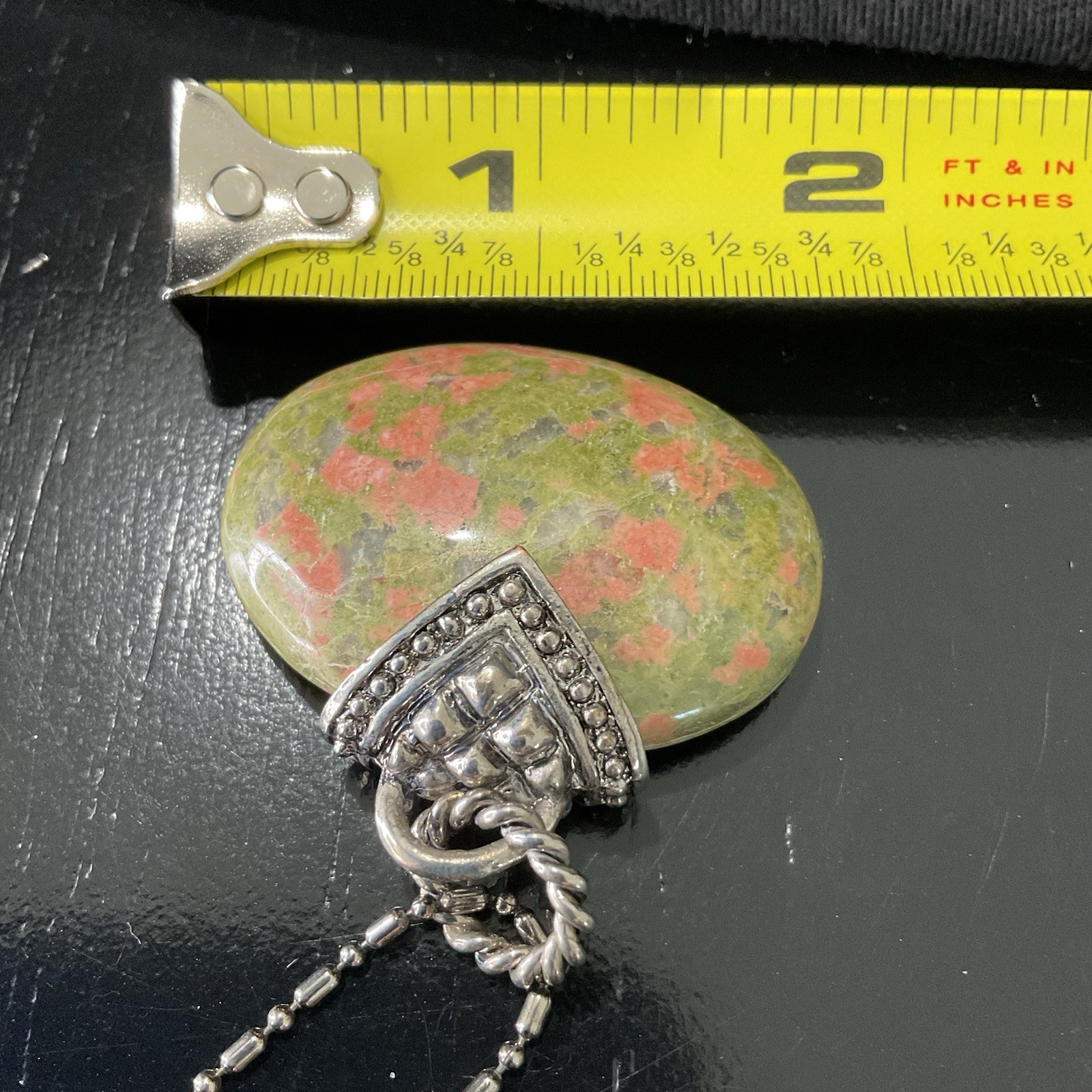 Vintage Unakite Jasper Pendant Necklace Silver Tone 22in 30g
