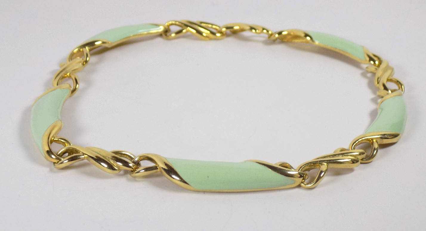 Vintage Chunky Choker Necklace Green Enamel Gold-tone Chain Hook Clasp Statement
