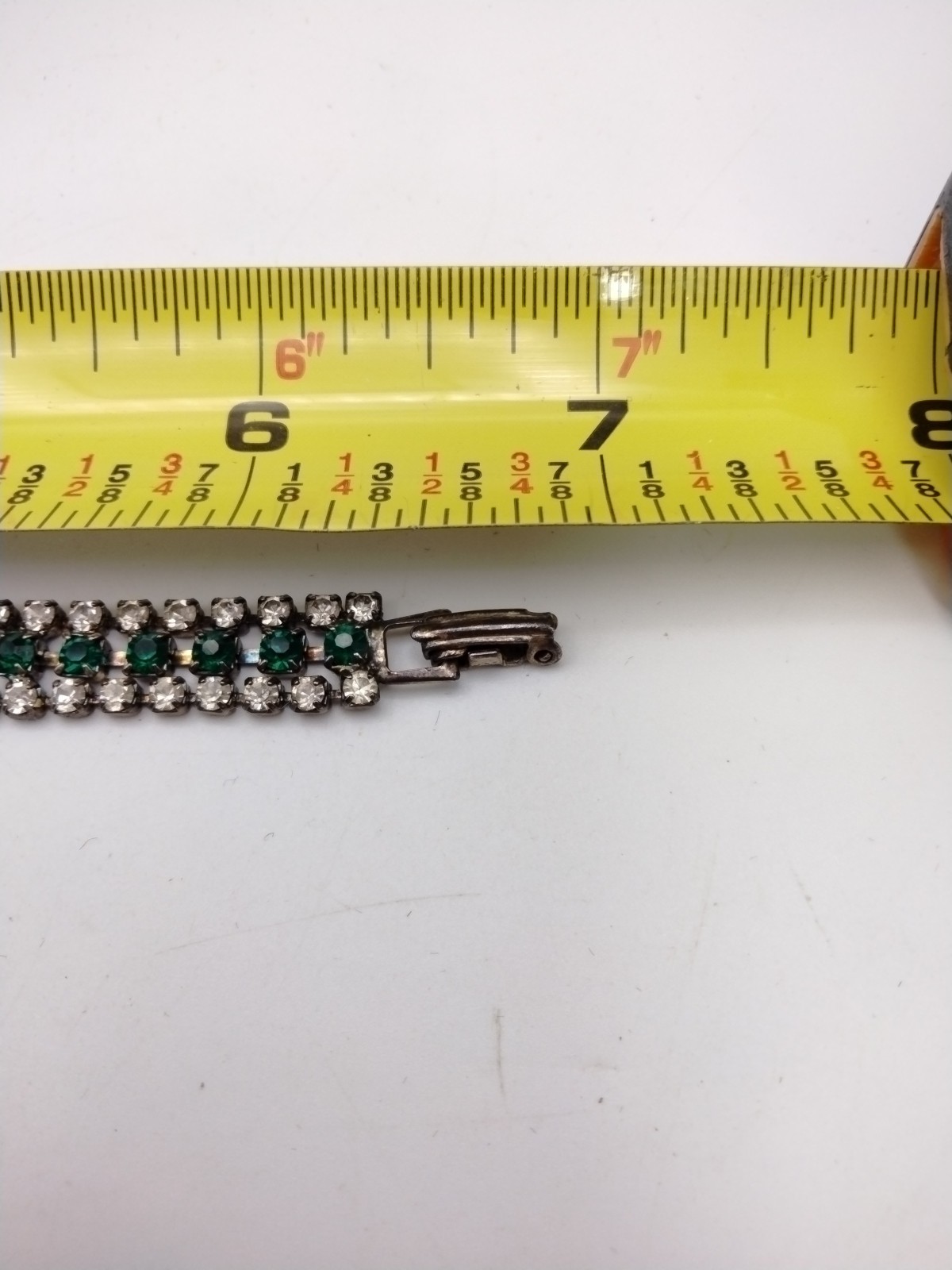 Vintage Emerald Green Rhinestone Bracelet Silver Tone Art Deco Tennis Glass 6.5″