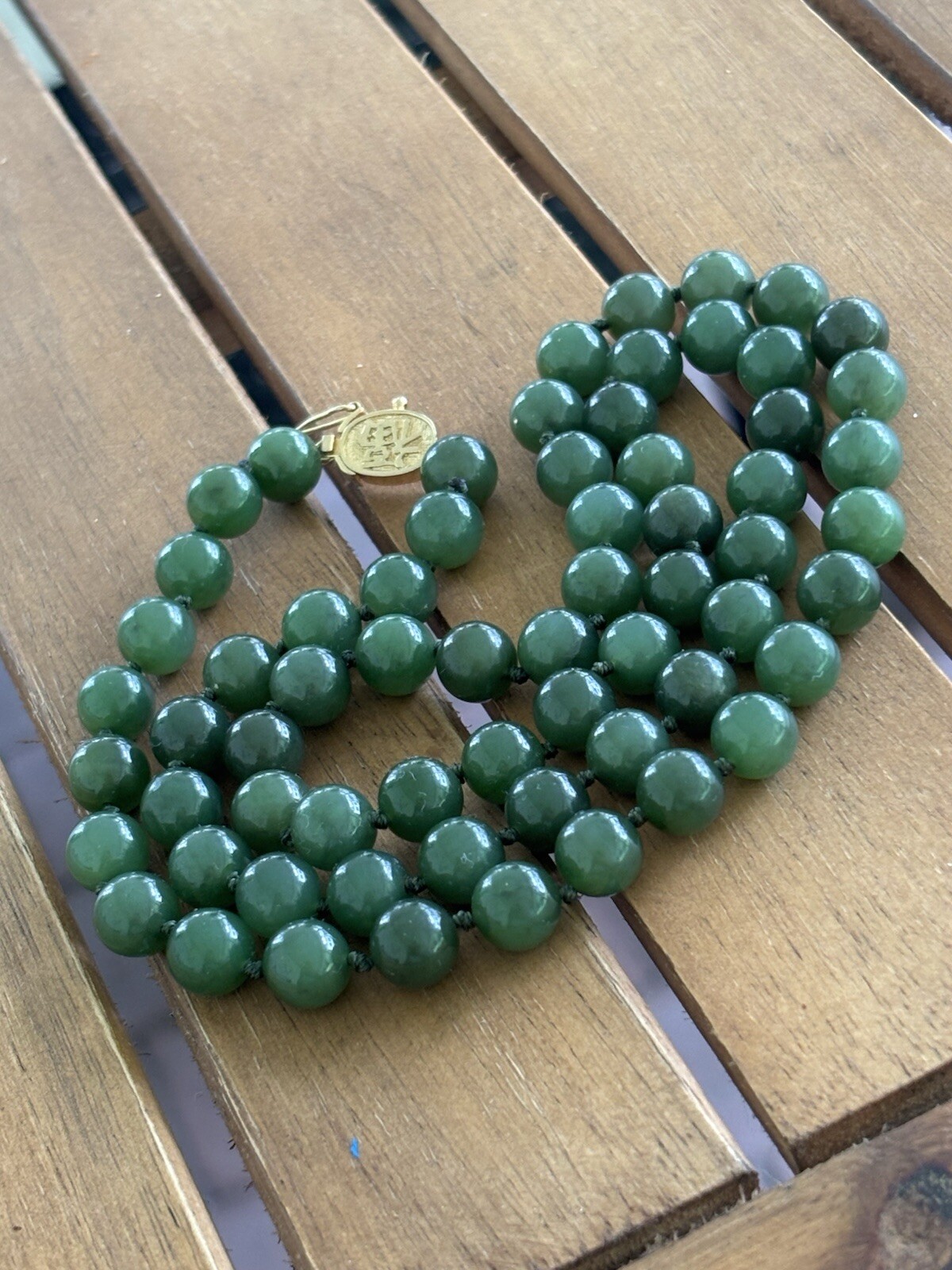 Jade Jadite 65 Bead Necklace Hand Knotted Gold Over 925 Clasp 1970 MCM Green 24”