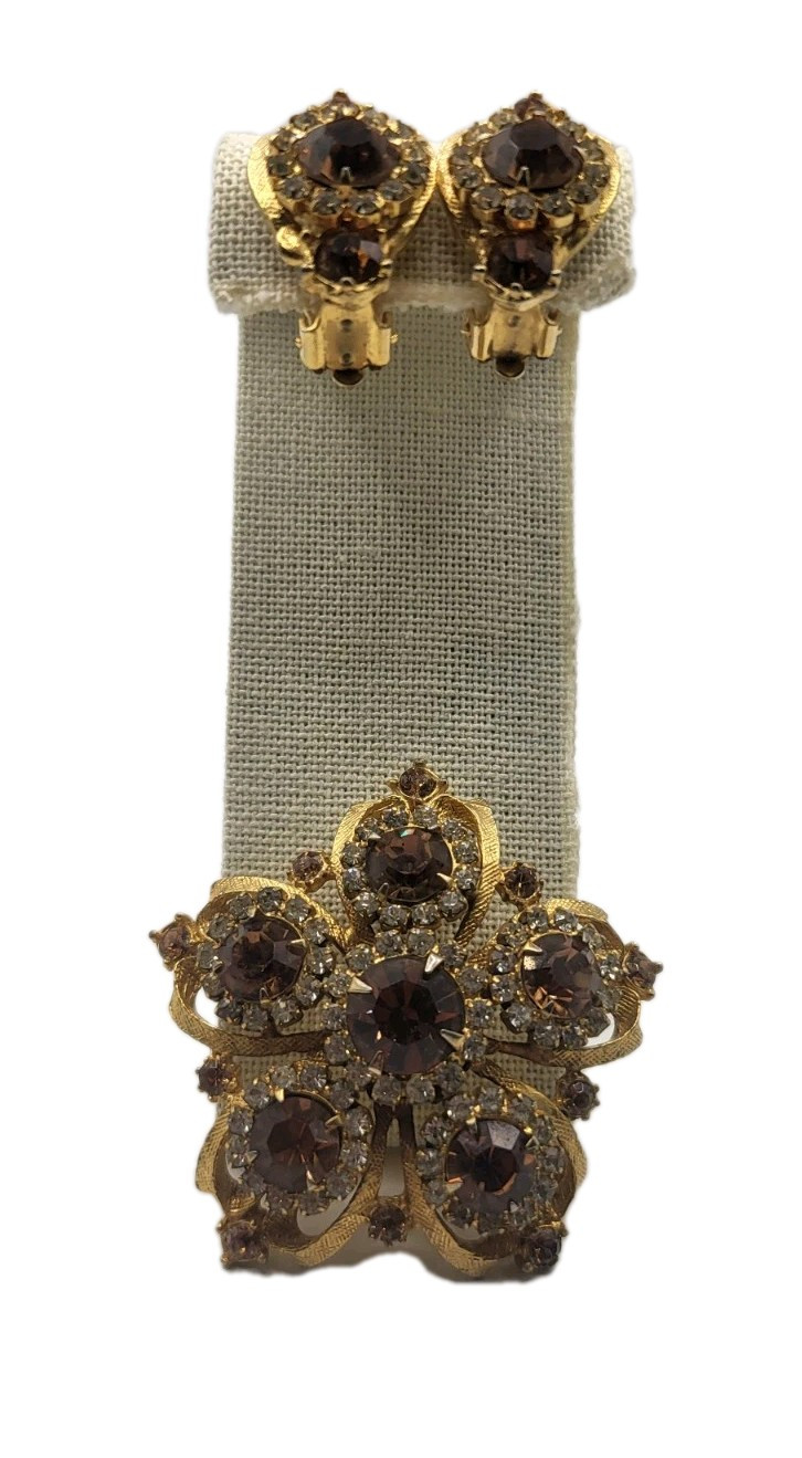 2-Pc Edlee Champagne & Ice Rhinestone Crystal Vintage Pin Brooch & Earrings Set