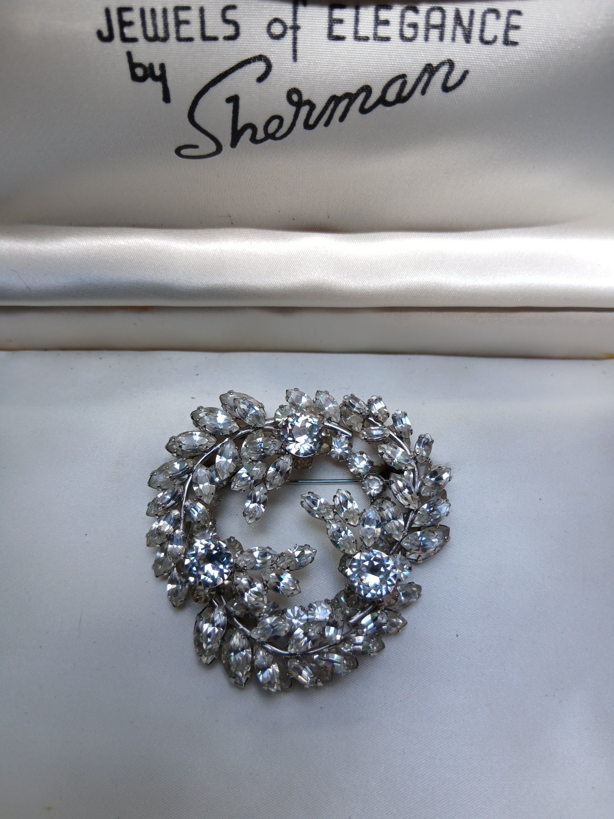 Vintage Sherman Signed Clear Rhinestone Round Brooch
