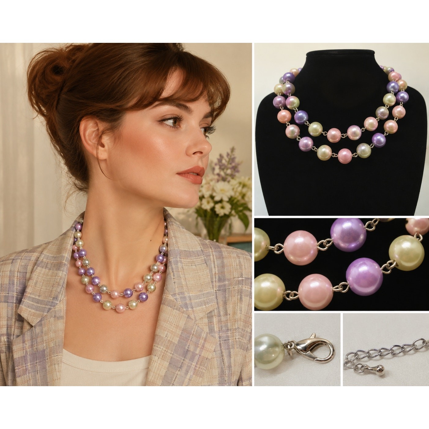 Vintage Pastel Faux Pearl Double Strand Necklace Pink Purple Romantic