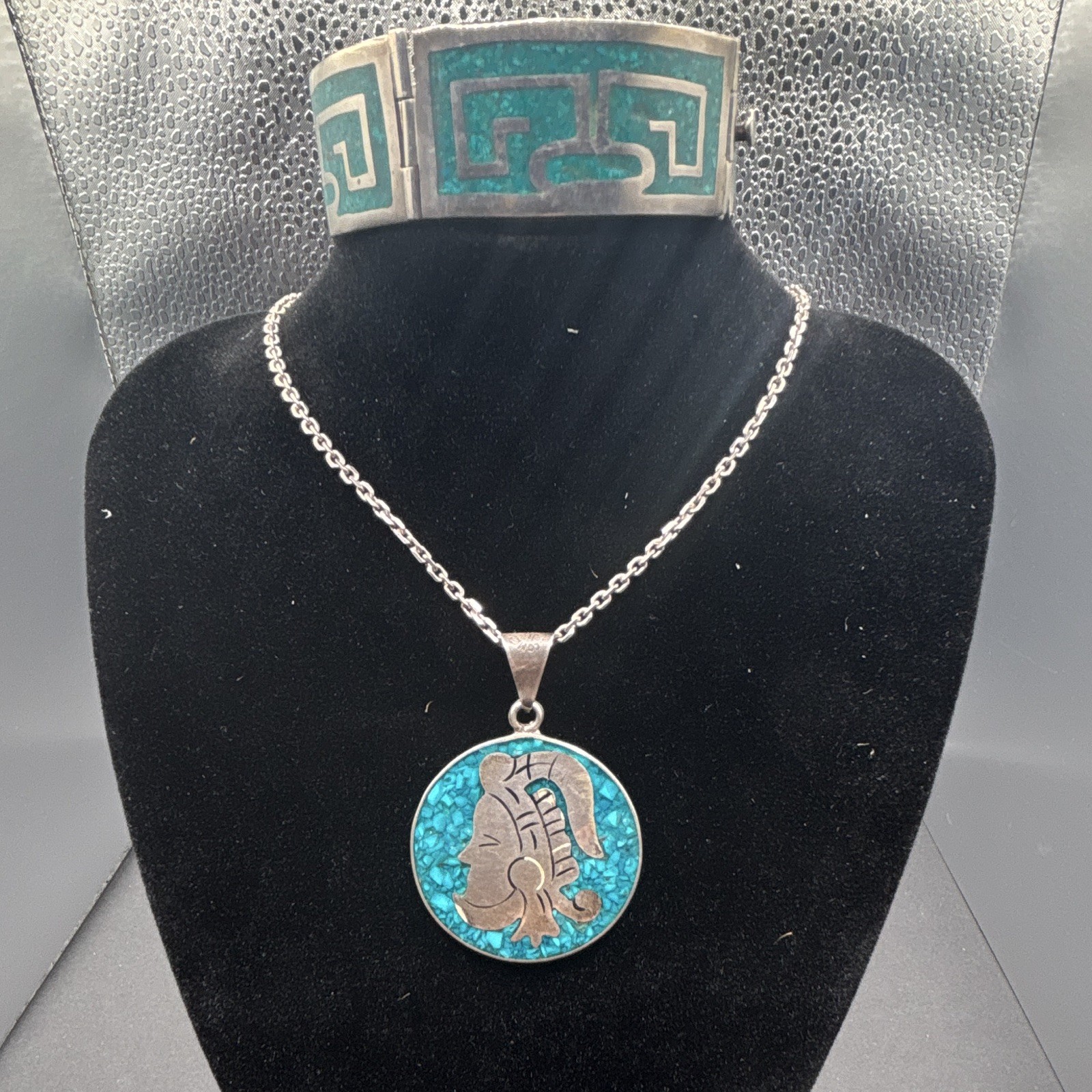 925 Vingage signed Taxco, MX. Silver Pendant and Braclet W/ Turquoise chip inlay