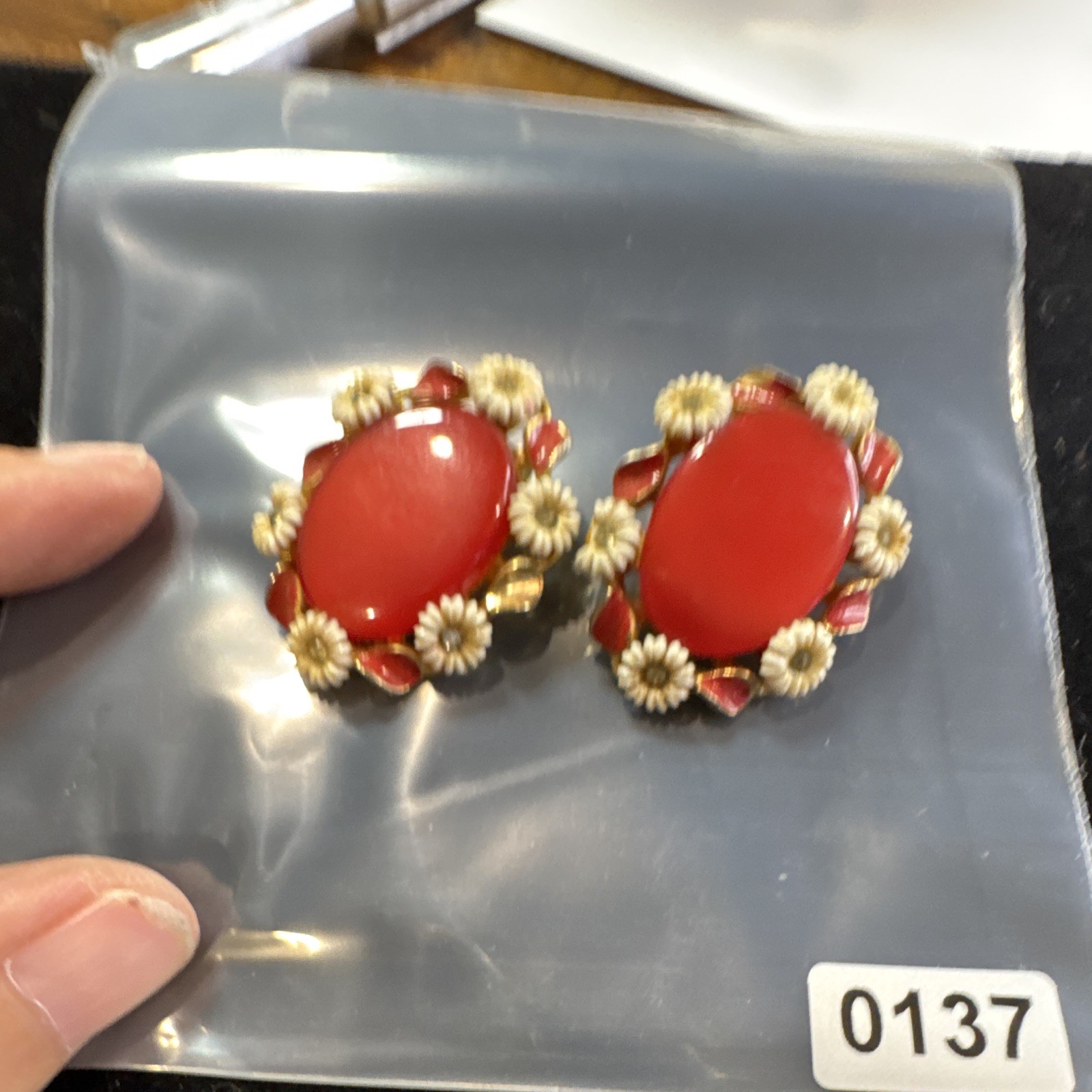 Vintage Enamel Earrings Feature red Cabochons surrounded by White Daisy Halo