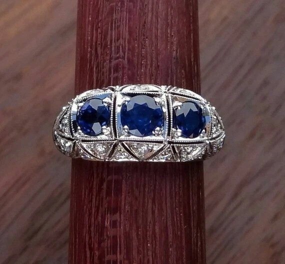 Art Deco Style 3Ct Round Lab Created Sapphire Engagement 14K White Gold FN Ring