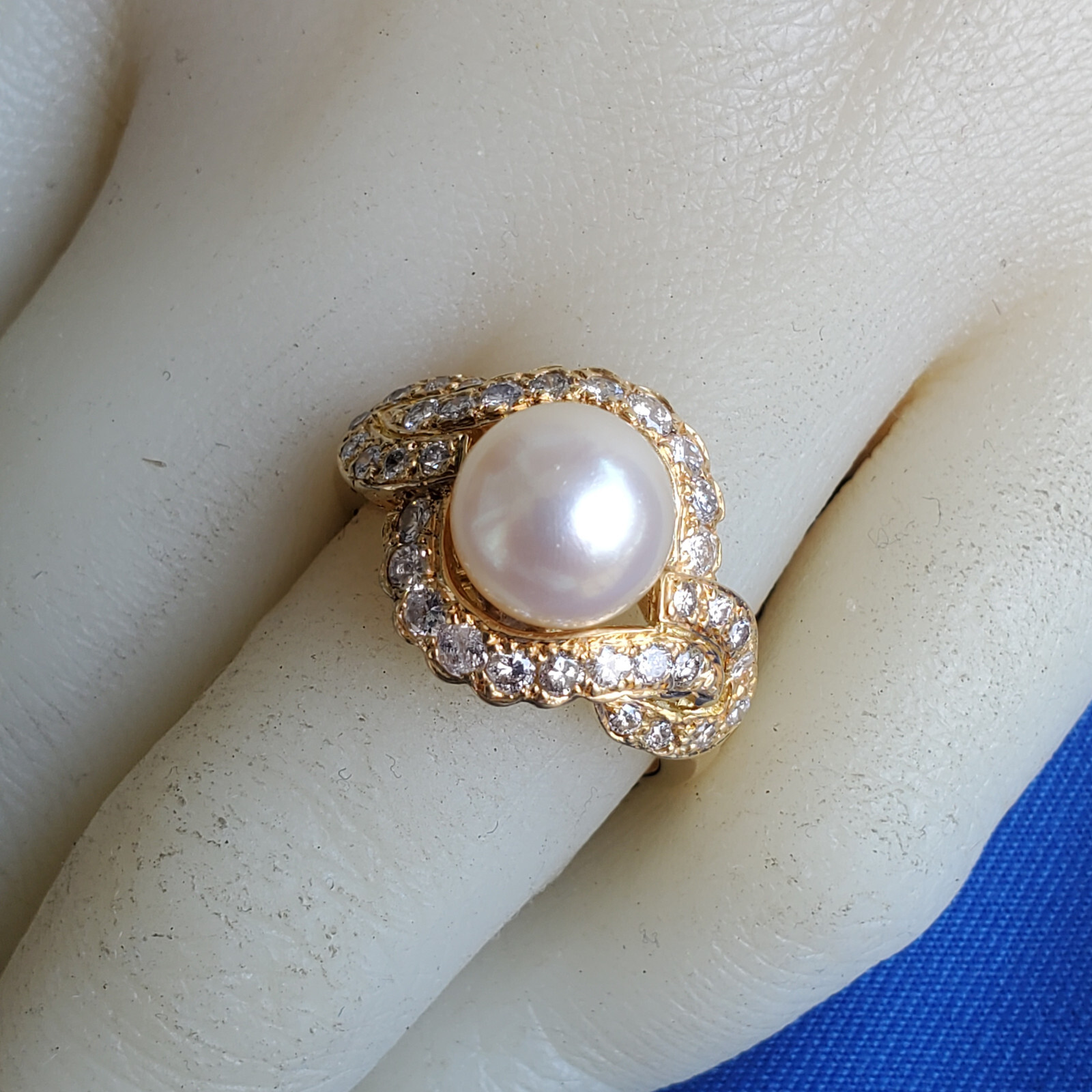 Original EARTH MINED DIAMOND Pearl Deco Engagement Ring Statement SOLID 18K GOLD