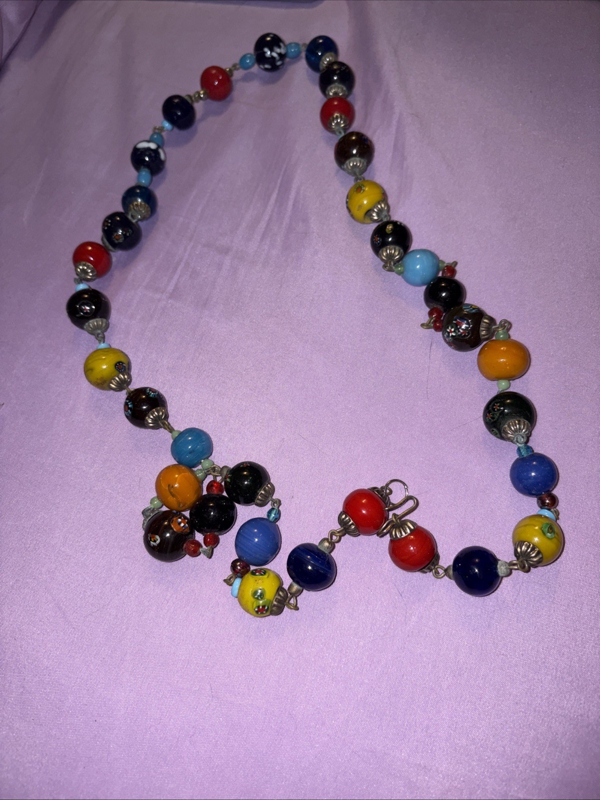 Vintage Italian Murano Millefiori Glass Bead Necklace 18” Long